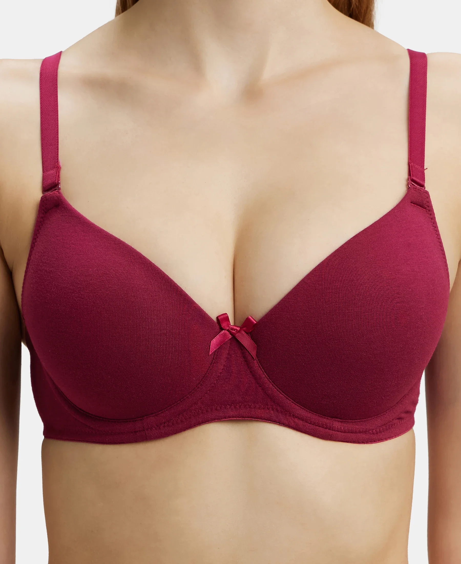 Under-Wired Padded Super Combed Cotton Elastane Stretch Medium Coverage T-Shirt Bra with Detachable Straps - Beet Red - Image 7