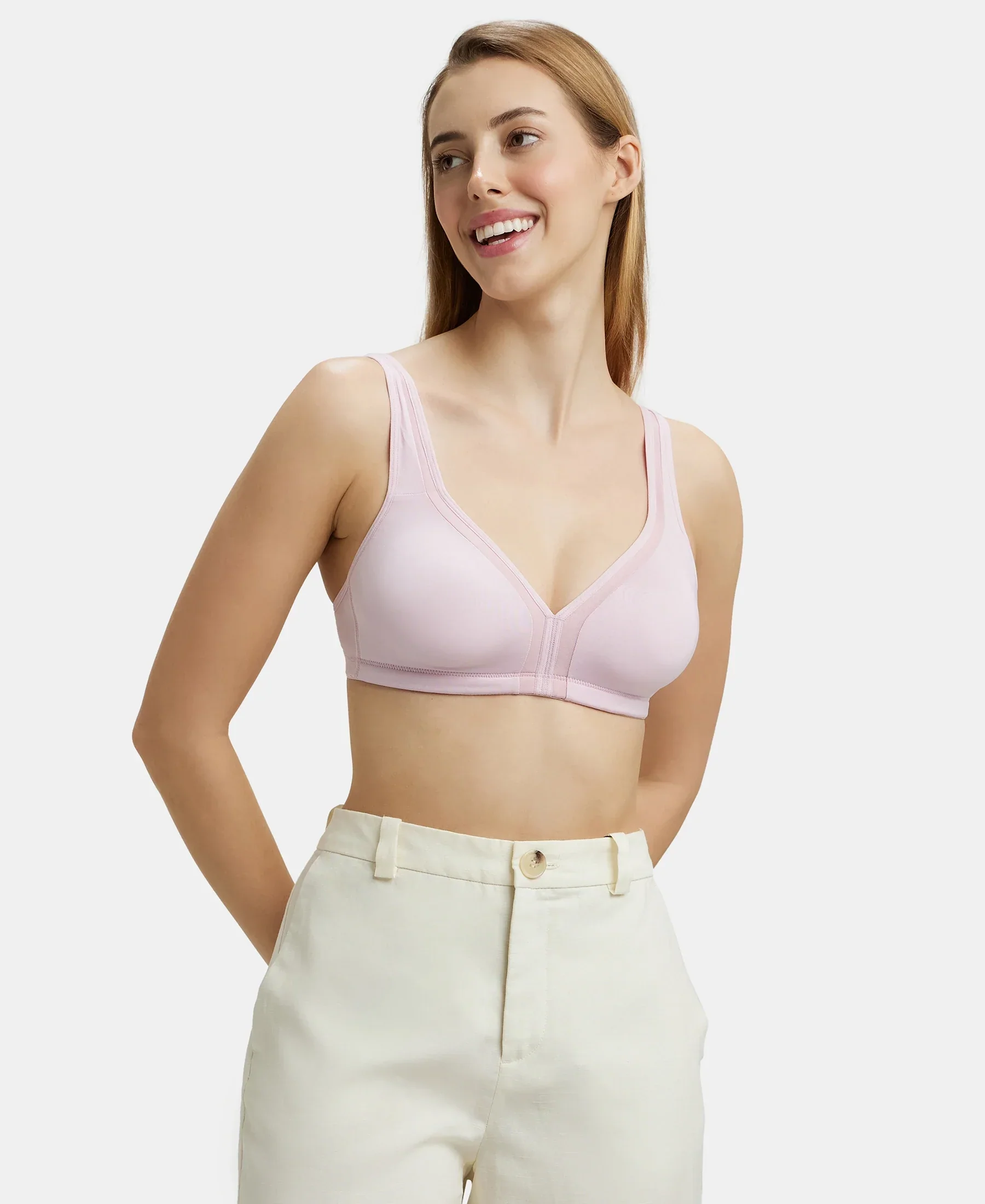 Wirefree Non Padded Soft Touch Microfiber Elastane Stretch Full Coverage Everyday Bra with Stylised Mesh Panel - Fragrant Lily - Image 5