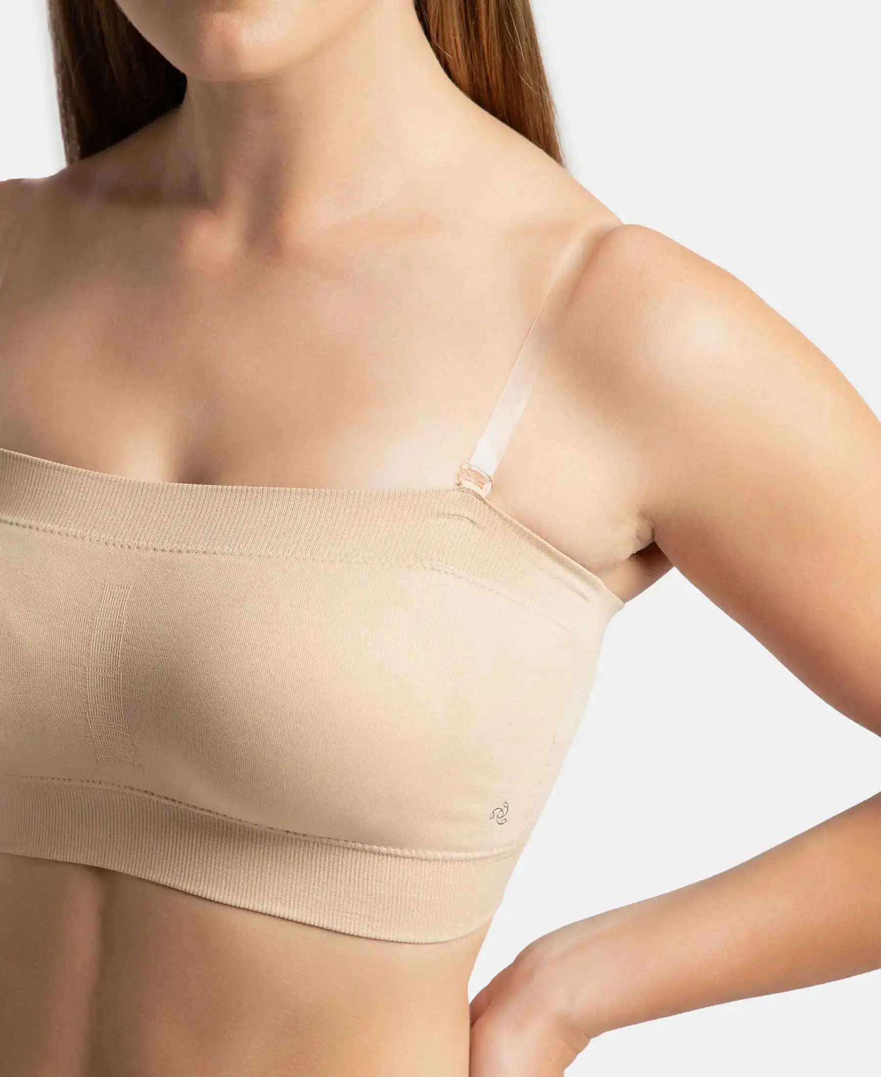 Wirefree Padded Micro Touch Nylon Elastane Stretch Bandeau Bra with Removable Pads and Detachable Transparent Straps - Light Skin - Image 10