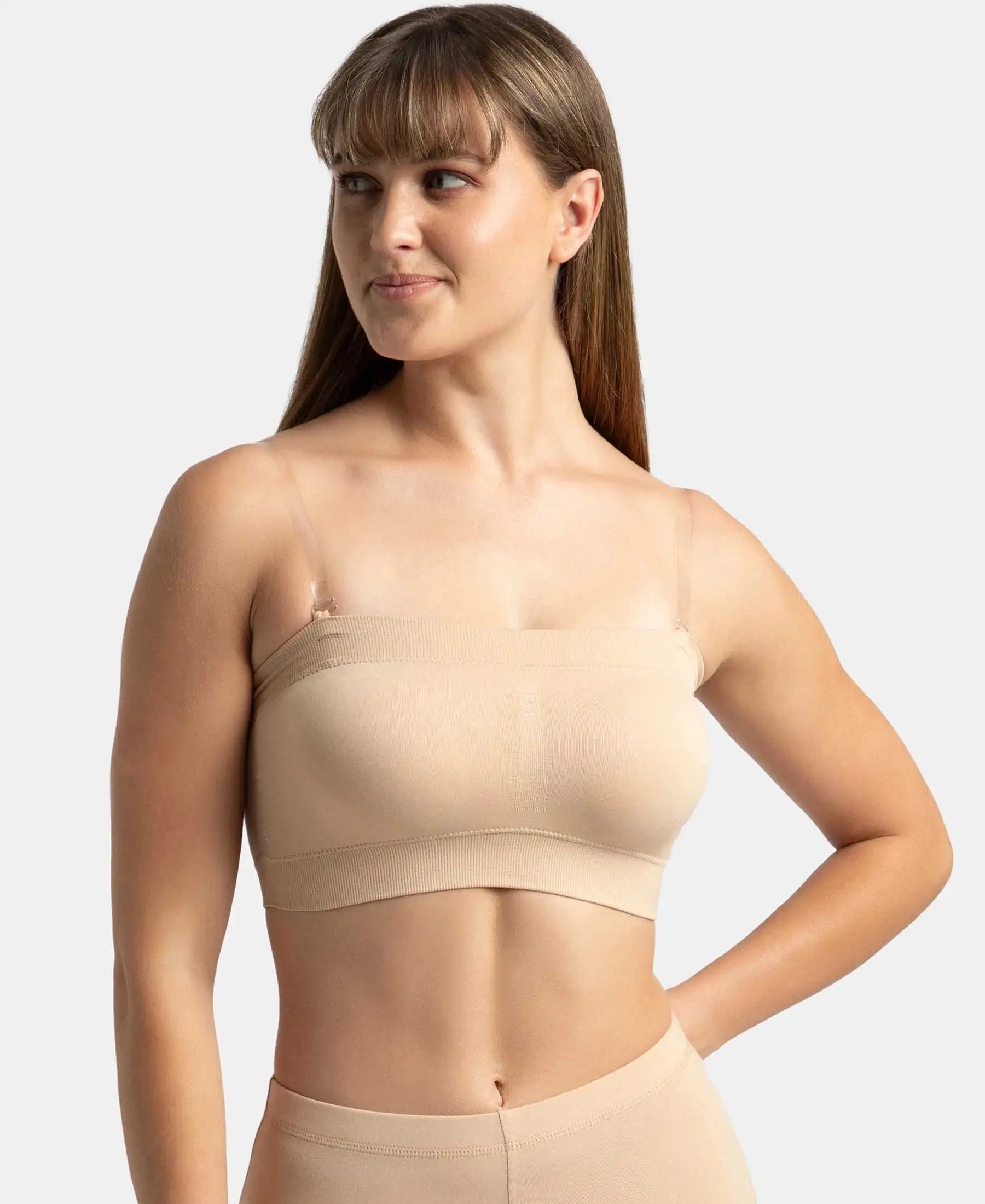 Wirefree Padded Micro Touch Nylon Elastane Stretch Bandeau Bra with Removable Pads and Detachable Transparent Straps - Light Skin - Image 5