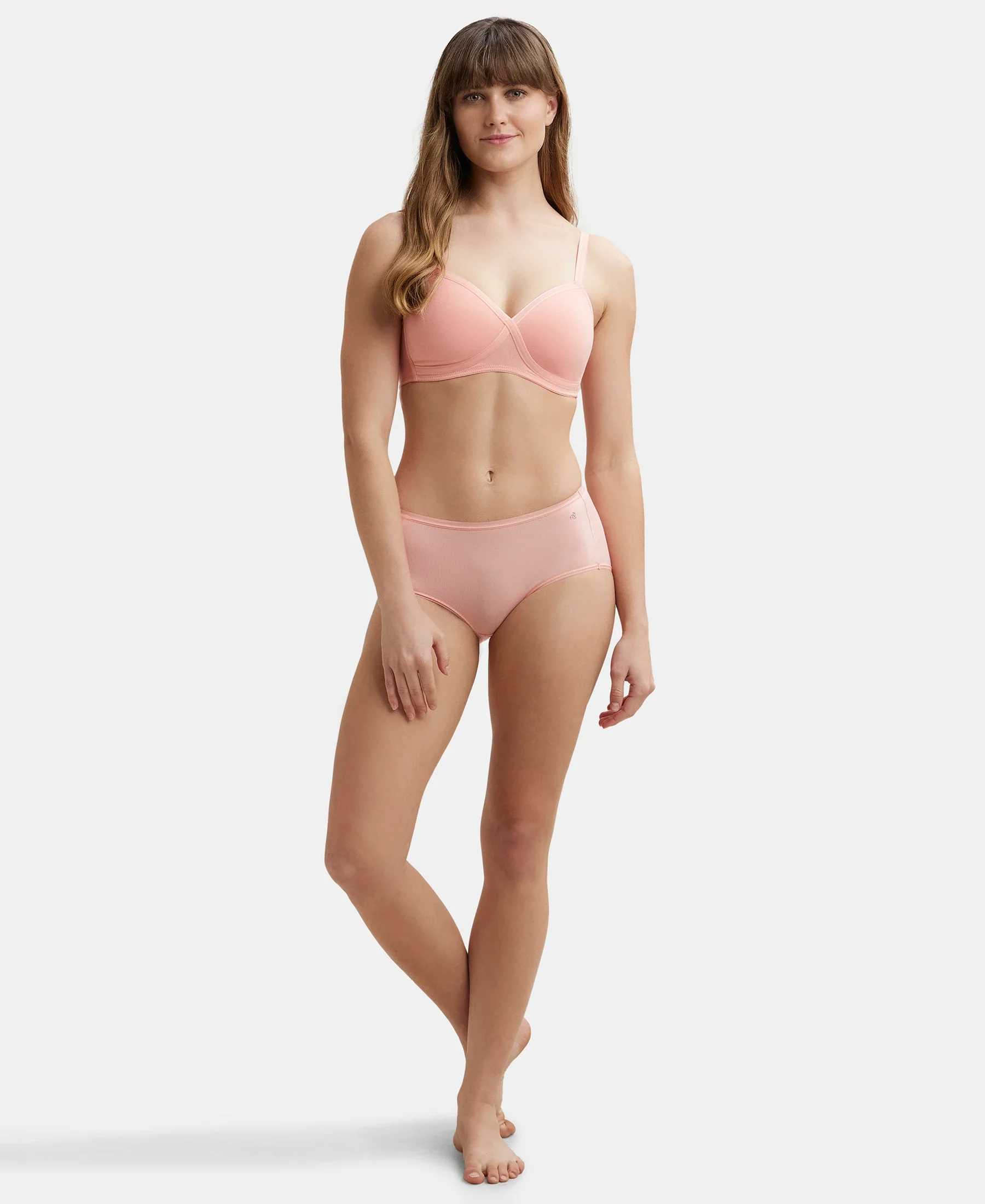 Wirefree Padded Super Combed Cotton Elastane Stretch Full Coverage T-Shirt Bra with Cross Over Fit - Candlelight Peach - Image 4